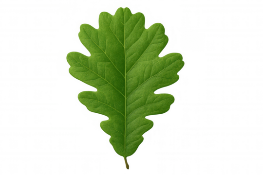 Vibrant green oak leaf with intricate venation isolated on a transparent background, perfect for nature-themed designs