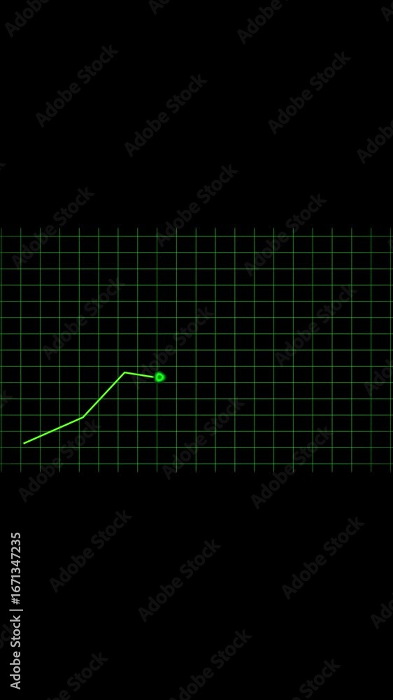 Poster vertical video of green upward trending line graph on grid background. animated green line graph ris