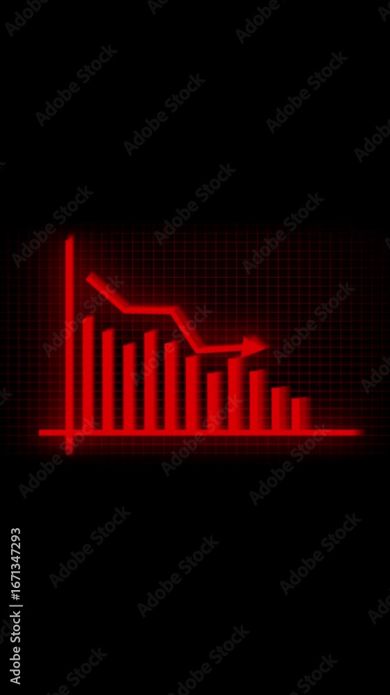 Poster animated red declining financial bar chart on black grid background for economic crisis. market perf