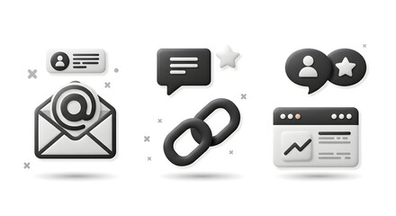 Modern 3D black icons collection for digital marketing, illustrating concepts of SEO, email communication, and web analytics