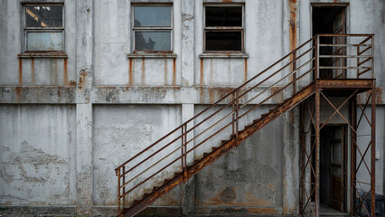 Urban Decay Scene with Rusty Metal Stairs and Abandoned Building Wall