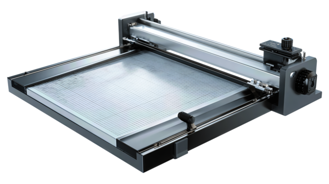 Classic guillotine cutter crafted for smooth paper slicing, minimal detailing and sturdy build, isolated on transparent background.
