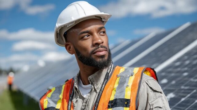 Sustainable Future: An African-American engineer, smartly dressed and sporting a safety helmet, stands tall amidst rows of solar panels, envisioning the dawn of a renewable energy era.
