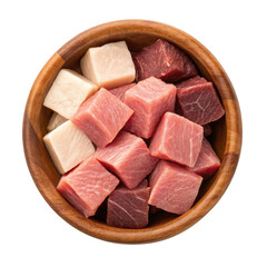 Diced raw beef in a wooden bowl isolated isolated on transparent background
