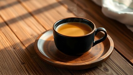 Obraz premium A cup of coffee on a wooden saucer sitting on a wooden table with sunlight shining on the surface