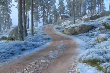 Winding winter road through frosted forest leads to cabin with serene nature landscape.