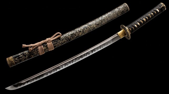 Exquisite wakizashi alongside a matching katana set isolated on transparent background.