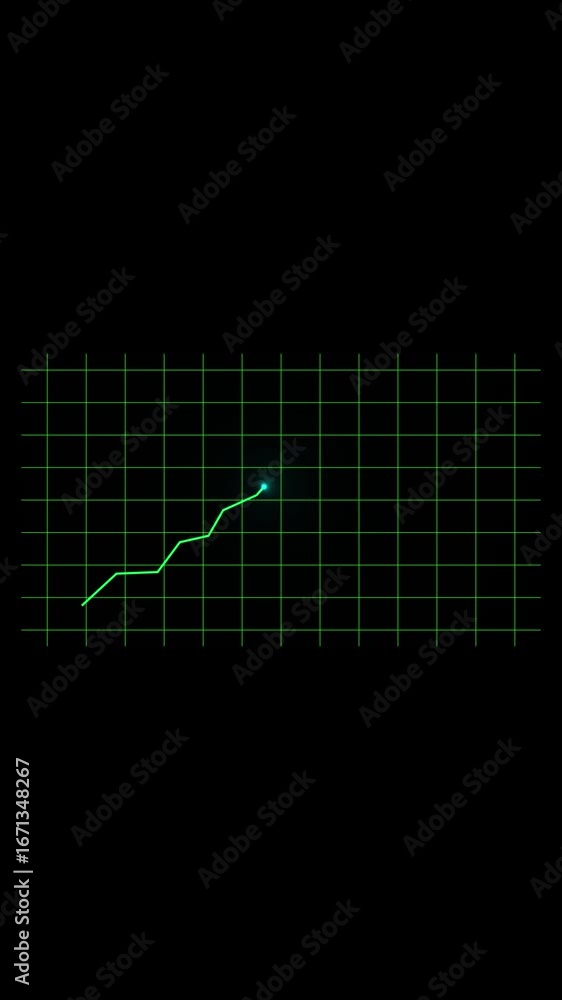 Poster retro inspired glowing dot on rising line graph black background vertical video. animated retro styl