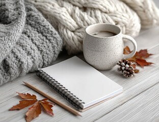Cozy autumnal scene with warm knitwear, coffee, notebook, and leaves