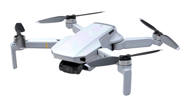 Quadcopter drone designed for portability, folded arms and minimal detailing, modern and functional, isolated on transparent background.
