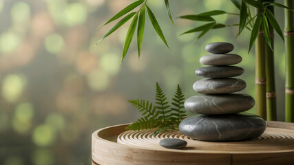 Zen Stones with Bamboo and Fern Leaves in Spa Setting