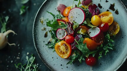 Close-up captures fresh healthy salad with mixed greens colorful cherry tomatoes sliced radishes arranged on rustic textured plate for food blogs restaurant menus healthy lifestyle concept