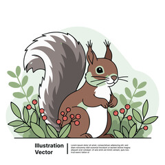 Adorable Squirrel Illustration Cute Cartoon Squirrel with Berries and Greenery in a Vector Art Style