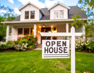 A white house with a welcoming open house sign in front