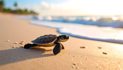 Baby Sea Turtle Crawling on Sandy Beach at Sunrise