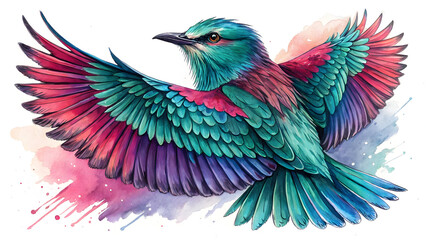 Fototapeta premium Vibrant watercolor bird with spread wings in shades of teal magenta and purple image