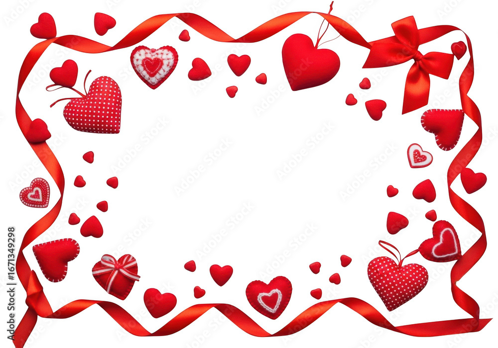 Poster valentines day heart frame with red ribbon and bow, isolated on transparent background