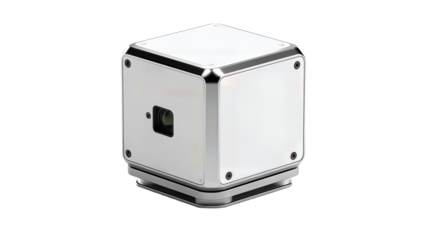 Cross-line laser level in compact cube form with centered lens window, satin finish and sharp panel lines, isolated on transparent background.
