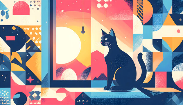 Black Cat Silhouette Against Geometric Sunset Window View - Powered by Adobe