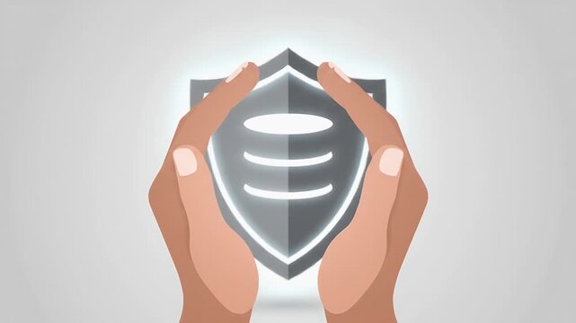 Secure Data Management and Cybersecurity Illustration: Hands Protecting Database Server Icon with Binary Code for Digital Information Security and Privacy Solutions