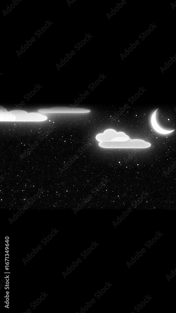 Poster tranquil night sky animation featuring moon and soft clouds vertical video. glowing clouds crescent 
