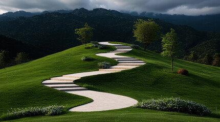 Winding stone pathway ascends lush green hill towards dark forested mountains under cloudy sky stairs