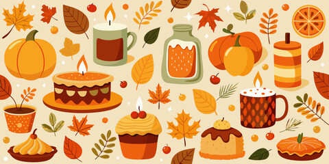 Cozy autumn decorations and treats seamless pattern