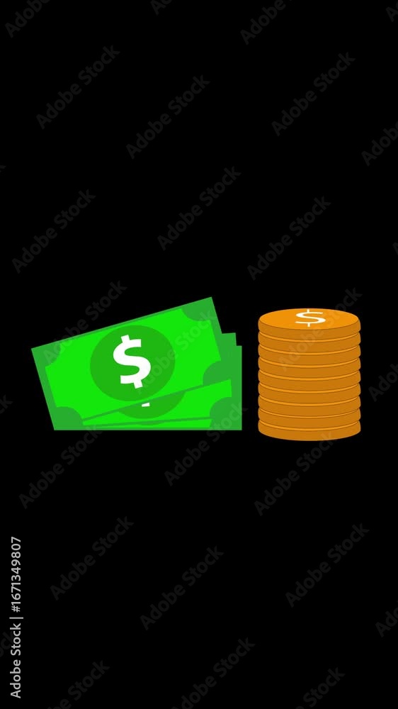 Poster finance animation showing coins pile and floating money bills vertical video. animated stack of coin