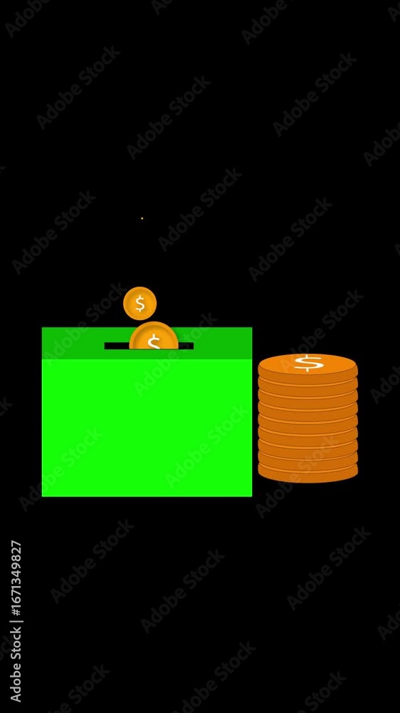 Poster vertical video of gold dollar coin falling into piggy bank animation. animated coin inserting into a