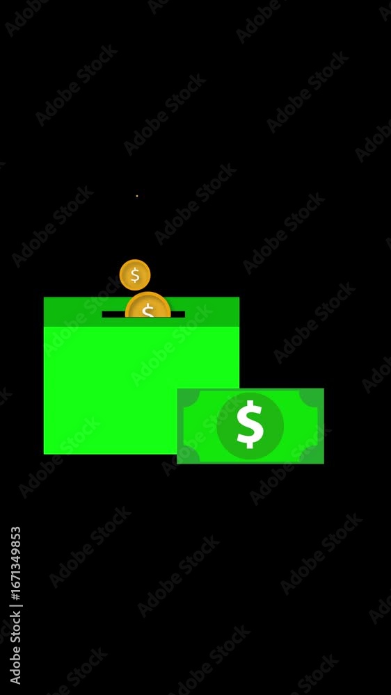 Poster money saving animation showing gold dollar coin dropping into piggy bank vertical video. animated il