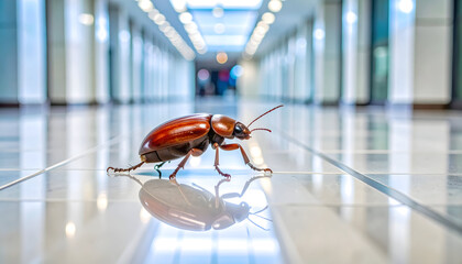 Brown Beetle on Shiny Floor in Modern Hallway