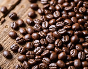 Obraz premium Polished Coffee Beans Rustic Wooden Surface