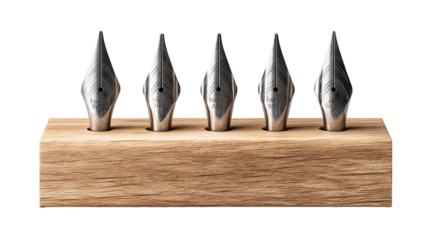 Calligraphy tools featuring clean brandless nibs and simple wooden pen holder, classic art supply, isolated on transparent background.
