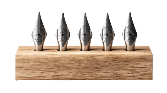 Calligraphy tools featuring clean brandless nibs and simple wooden pen holder, classic art supply, isolated on transparent background.
