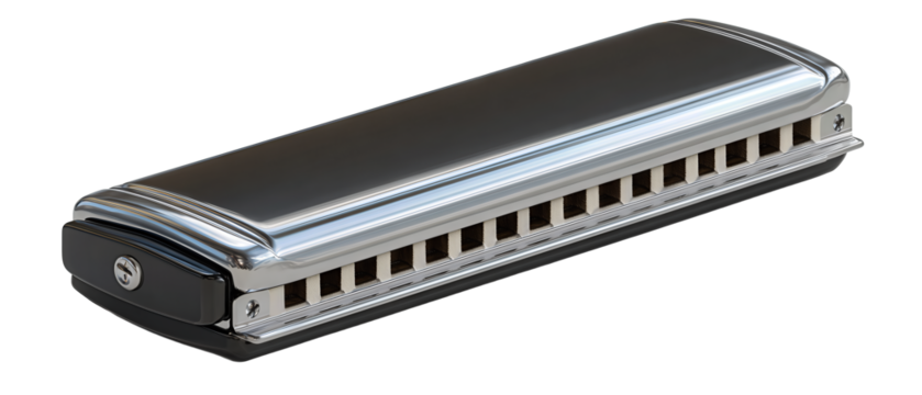 10-hole harmonica with smooth blank cover plates, subtle highlights and crisp reedplate seam, isolated on transparent background.
