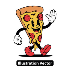 Delightful retro cartoon pizza slice character takes a cheerful stroll, waving in a friendly manner