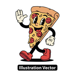 A cheerful walking pizza slice character in a classic retro cartoon mascot style