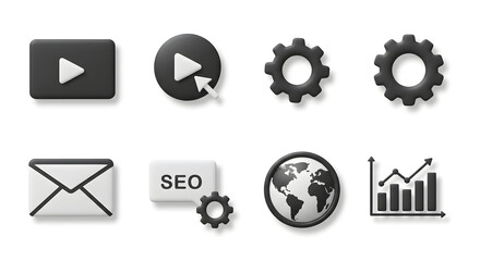 A collection of 3D style interface icons for digital marketing, SEO, business analytics, and web communication concepts