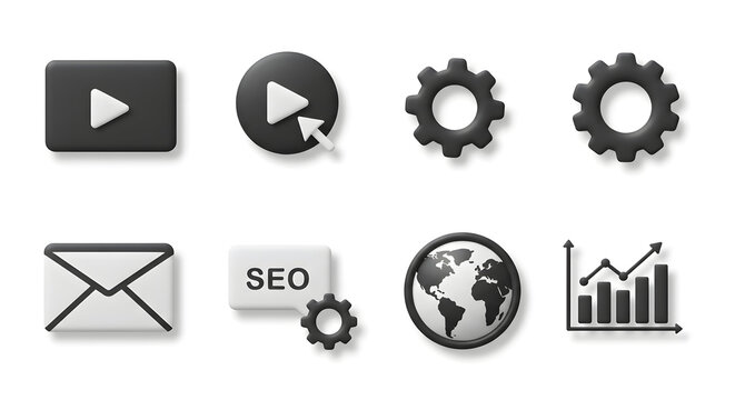 A collection of 3D style interface icons for digital marketing, SEO, business analytics, and web communication concepts