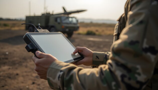 Soldier using tablet device for military operations in outdoor training environment