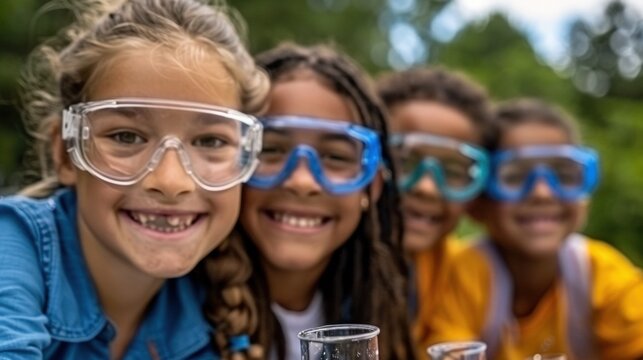 Happy Kids Wearing Safety Goggles featuring Children, Kids, Group, Smiling Happy Goggles Safety Science Experiment Learning Education Fun Outdoors Play