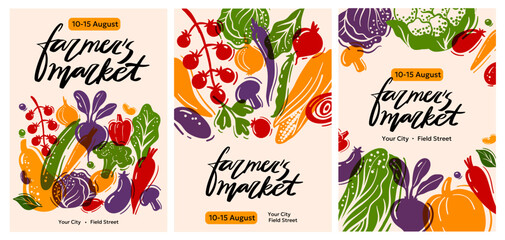 Colorful farmers market posters with hand-drawn vegetable illustrations. Perfect for organic food, healthy lifestyle, eco events, local markets, farm produce and natural products promotion.