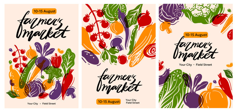 Colorful farmers market posters with hand-drawn vegetable illustrations. Perfect for organic food, healthy lifestyle, eco events, local markets, farm produce and natural products promotion.