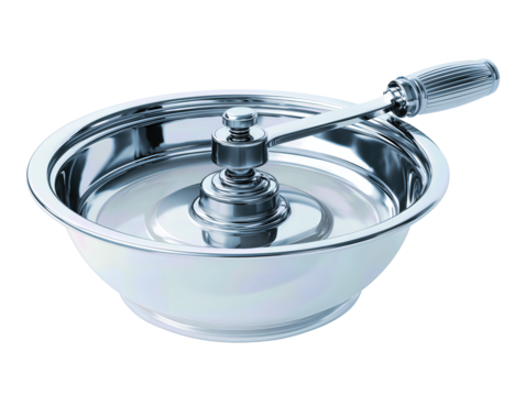 Classic food mill featuring durable construction, brandless design and practical hand crank, isolated on transparent background.
