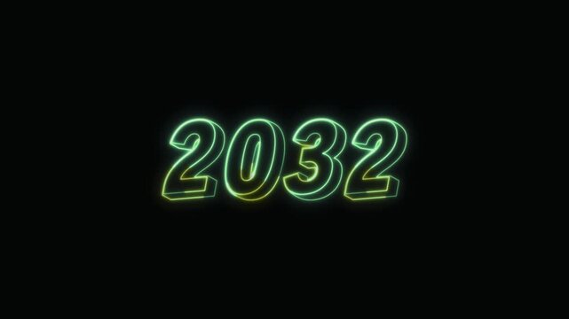  2032 New Year Text Neon Seamless Loop 4K Glowing Typography Animation for VFX and Video Editing