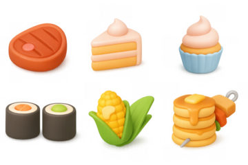 3d food icons: cake, sushi, pancakes, and more in cute cartoon style