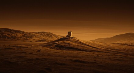 Solitary Watchtower on a Hill in the Golden Desert Landscape