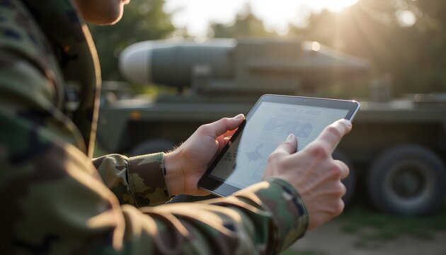 Soldier Using Tablet Device for Military Operations in Outdoor Environment