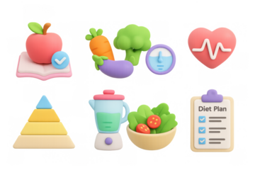 Colorful 3d diet and health icons featuring food, heartbeat, and kitchen elements