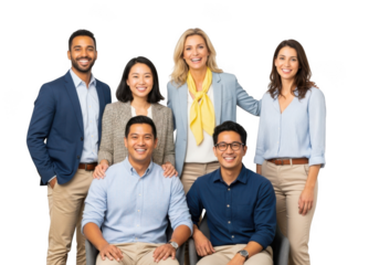Diverse group of six business professionals, men and women, smiling and looking at the camera, isolated on transparent background